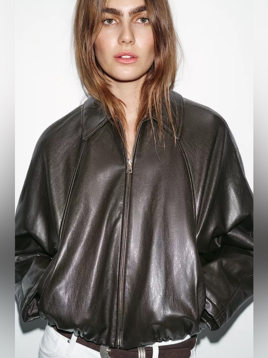 Zara Jackets & Blazers - Zara Women's Dark Brown Faux Leather Zip Collared Bomber Jacket S